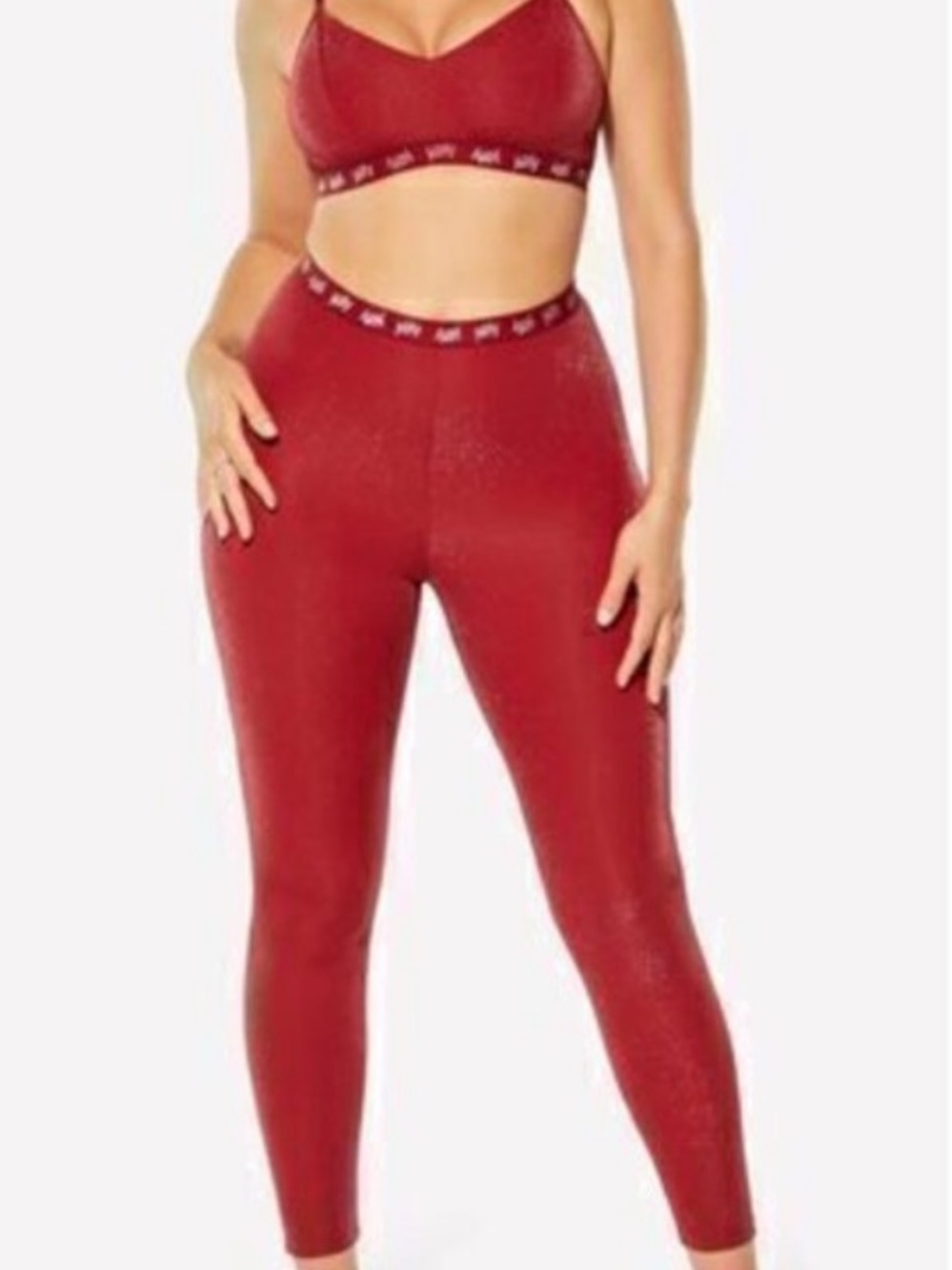 2 pc set YITTY by Lizzo Shimmer Ruched Leggings & Bra Set Red 1X
